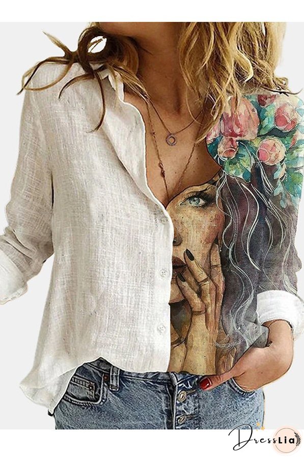 Figure Print Button Design Long Sleeve Casual Blouse
