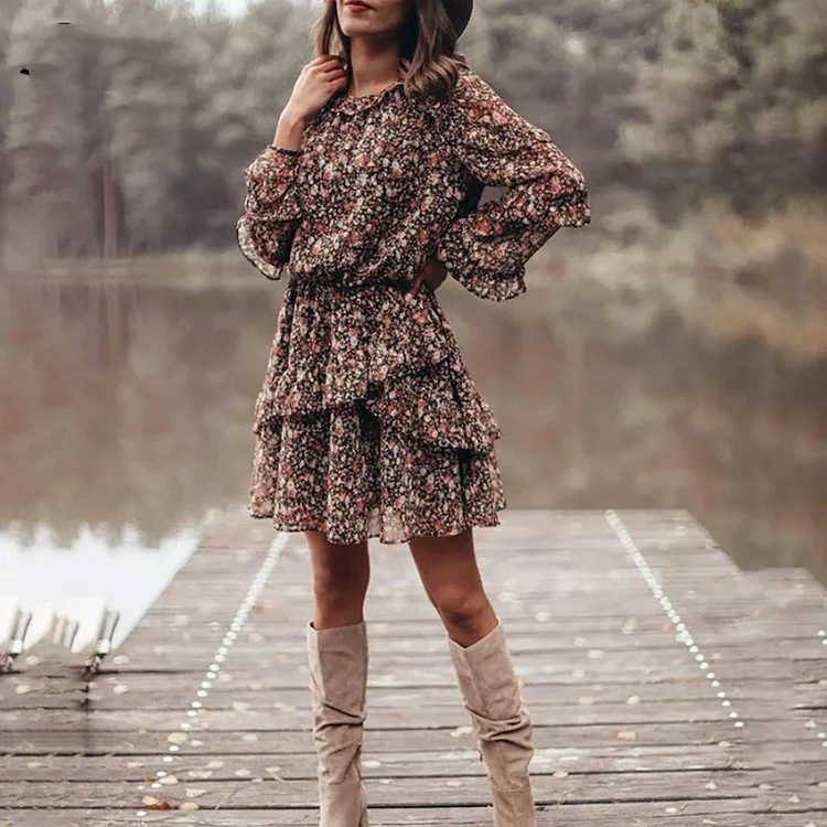 Trendy Floral Print A-Line Pleated Vintage Retro Mini Party Casual Casual Dress