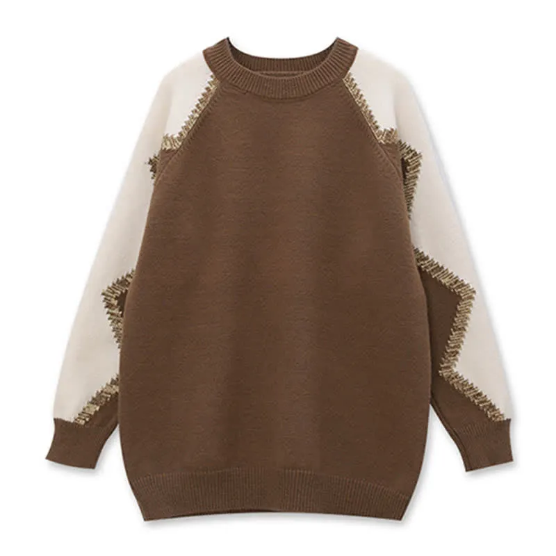 Chic Colorblock Round Collar Knit Loose Sweater
