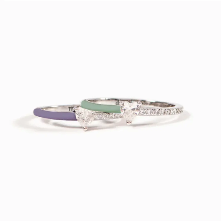 Matching Mother & Daughter Purple Green Heart-cut Rings