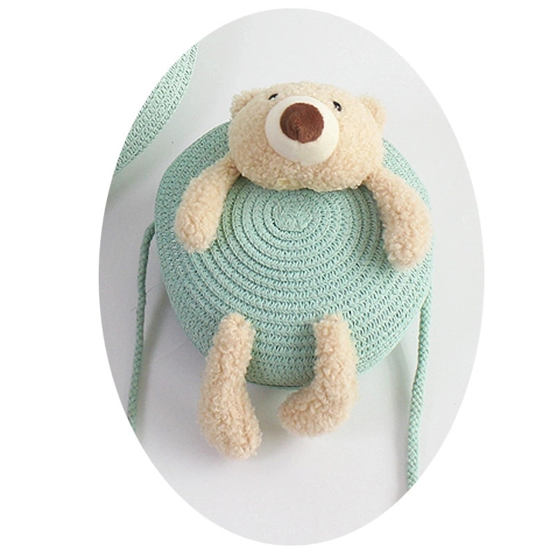 Girl’s Small Straw Flower Bow Knot Cute Round Zipper Crossbody Bag