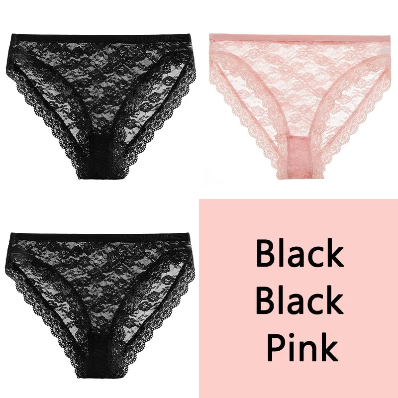 FINETOO Full Lace Briefs Panties Sexy Women Underwear M-2XL Low Waist Underpants Transparent Floral Panty Ladies Lingerie 3Pcs