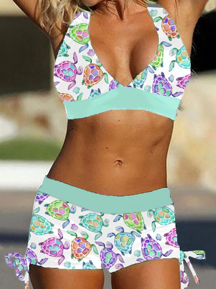 Turtle Vacation Print Two-Piece Swimsuit(Add Breast Pads)