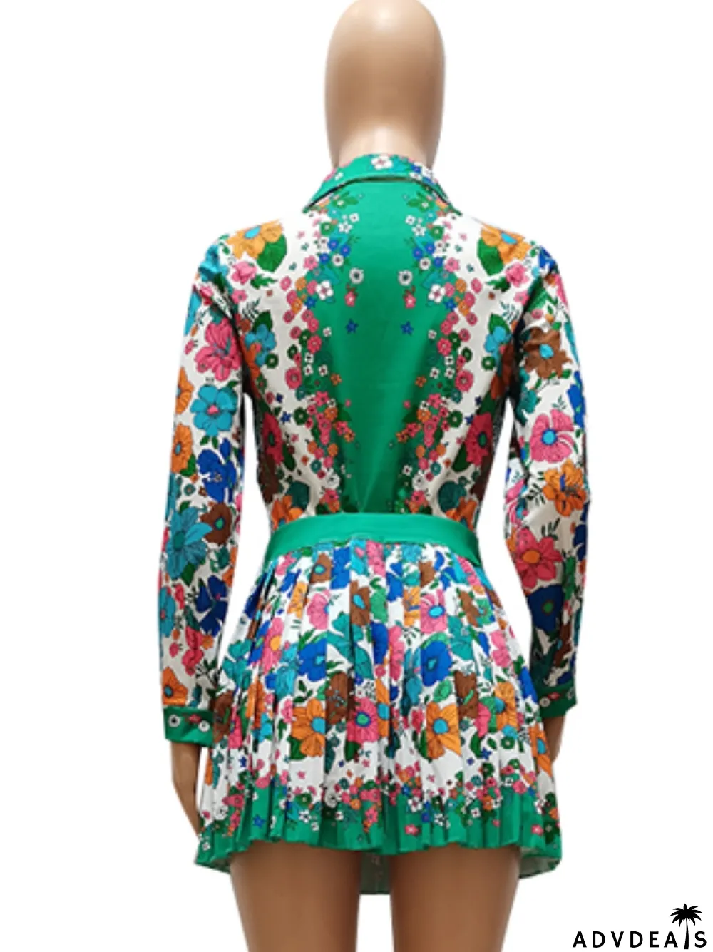 Autumn Print Retro Long Sleeve Blouse and Pleated Skirt Set