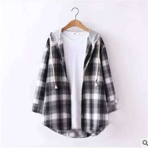 Spring Autumn 2021 New Plaid Shirts Womens Blouses Long Sleeve Lady Checked Tops Loose Hooded Female Outwear Casual Clothes