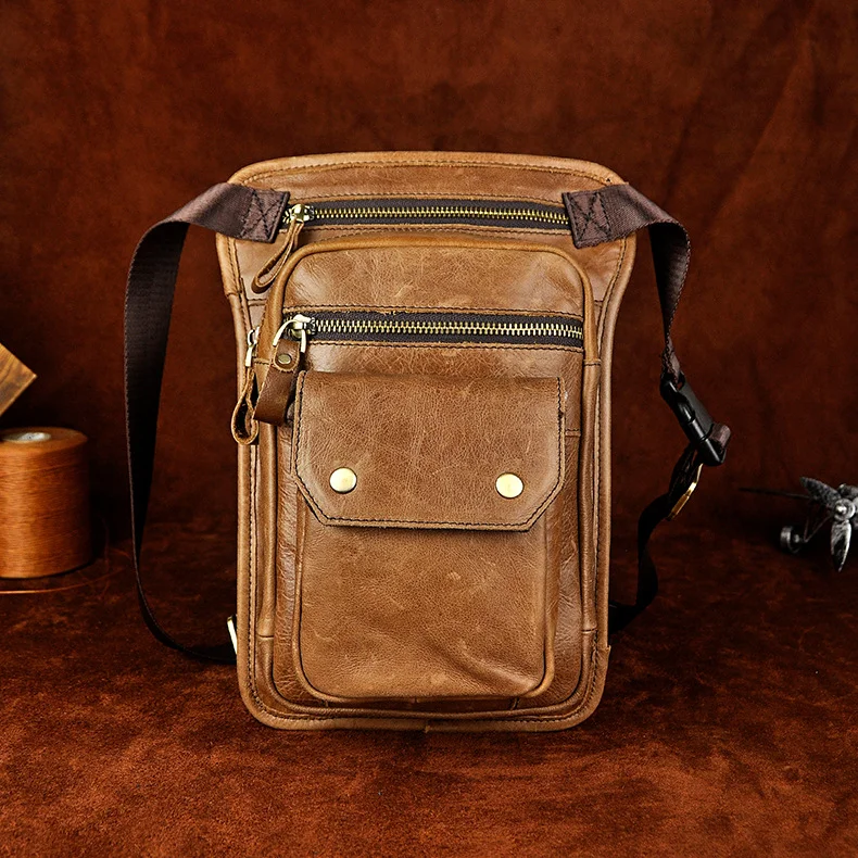 Original Leather Men Design Casual Messenger Shoulder Sling Bag Fashion Multifunction Waist Belt Pack Drop Leg Bag Pouch