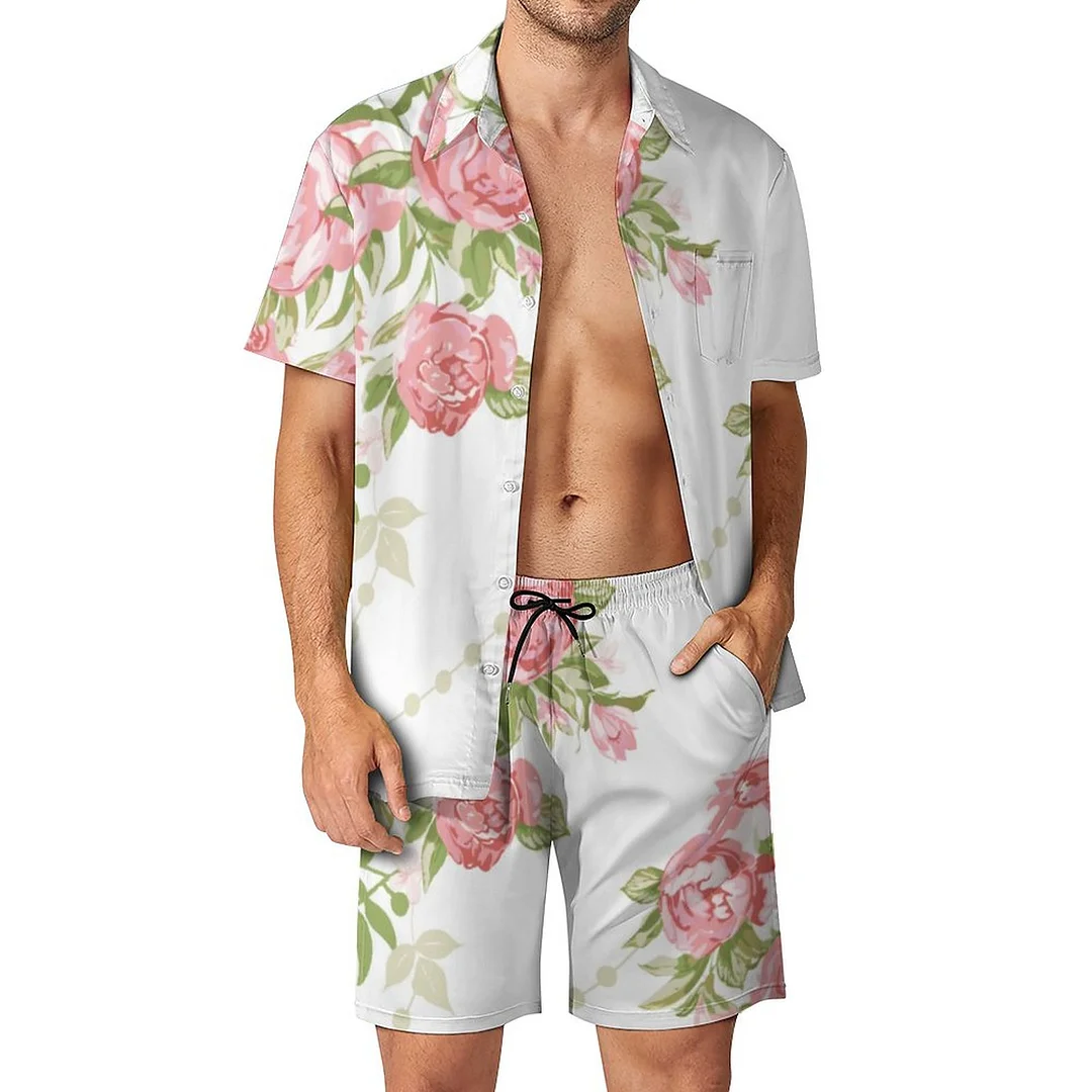 Bold Pink Cabbage Roses On White Background Men Hawaiian Button Down 2 Piece Shirt Shorts Set Beach Tropical Hawaii Suits