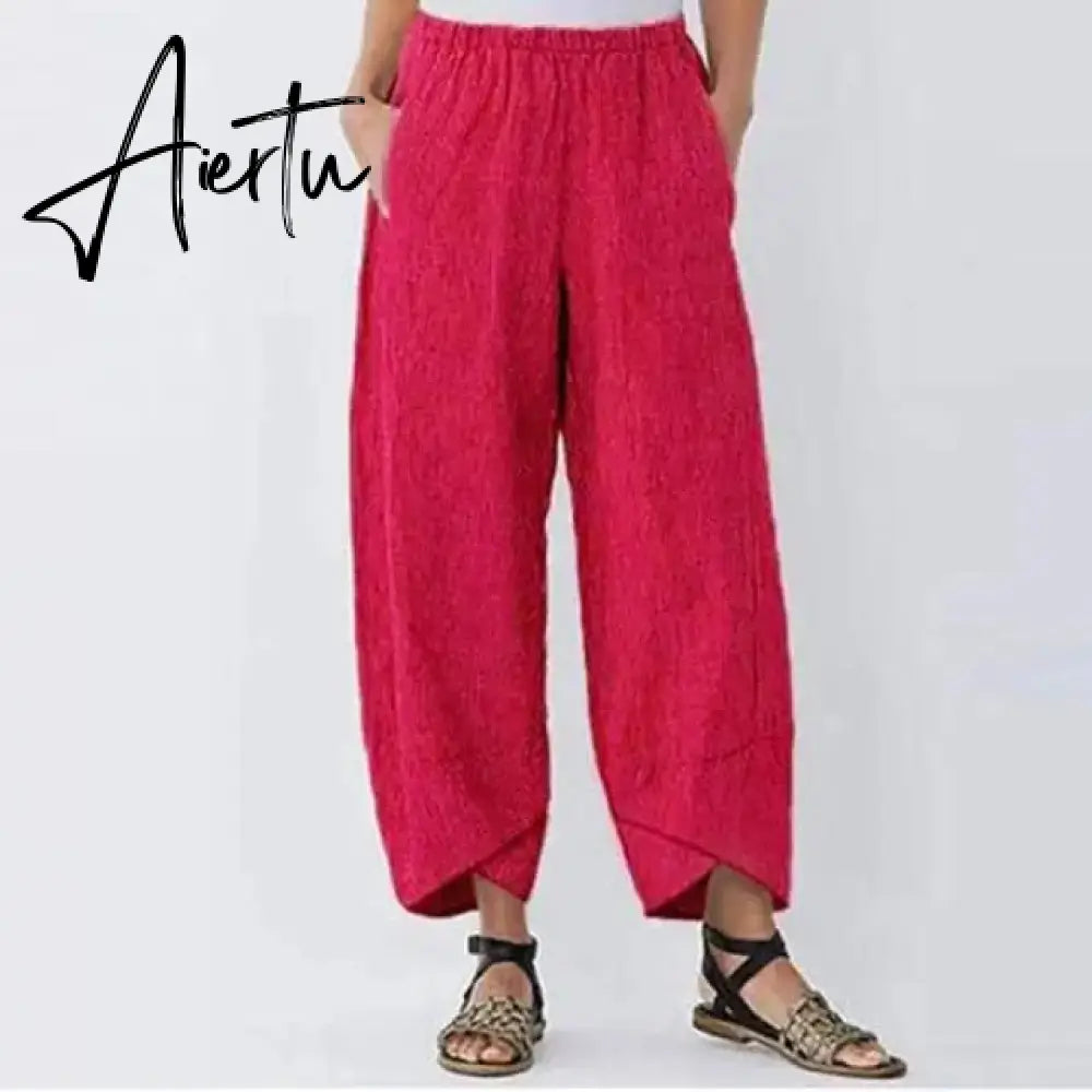 Aiertu Women's Vintage Harem Pants Casual Solid Color Elastic Waist Linen Wide Leg Trousers Summer Plus Size Loose Comfortable Pants Aiertu