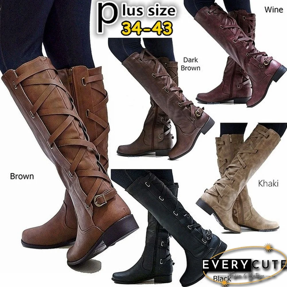 Women Winter Low Heel Belt Buckle Riding Leather Boots Knee High Cowboy Boots (Please Choose A Larger Size)