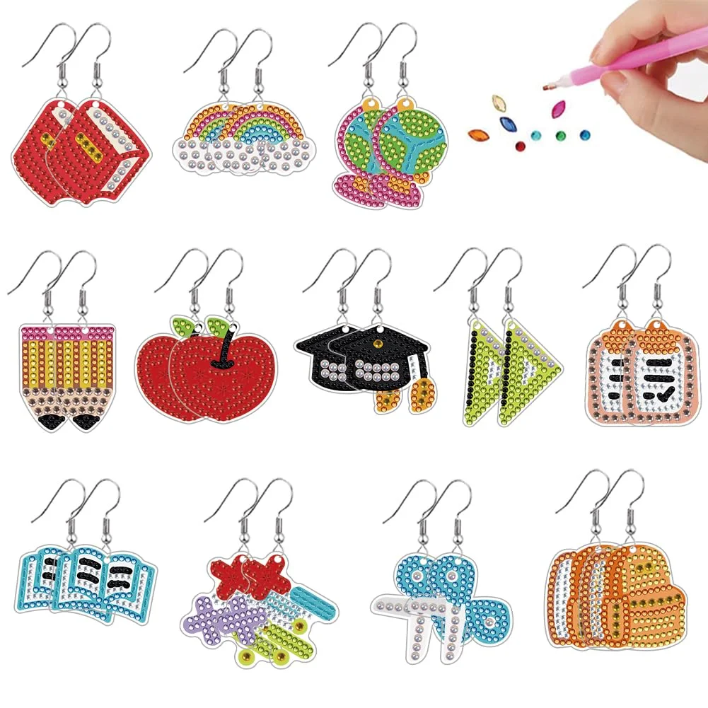 12 Pairs Stationery DIY Diamond Art Earring Double Side Diamond Painting Earring