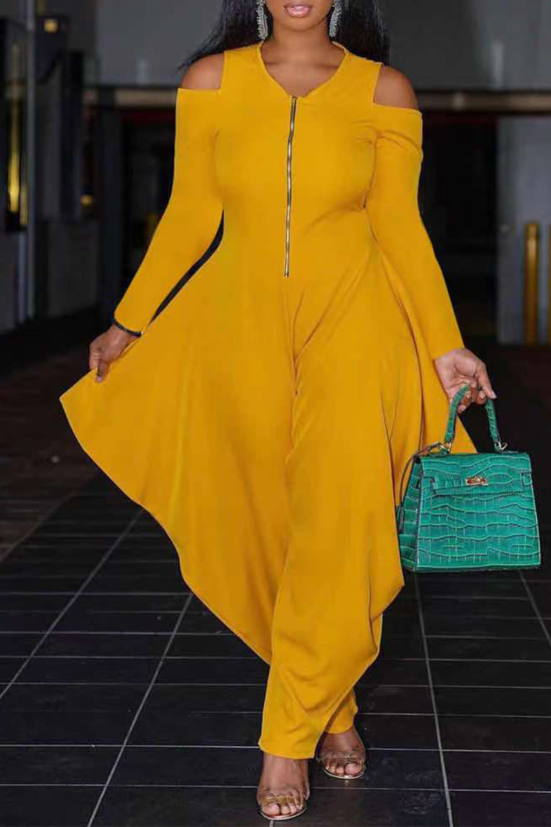 Yellow Casual Solid Patchwork V Neck Loose Jumpsuits