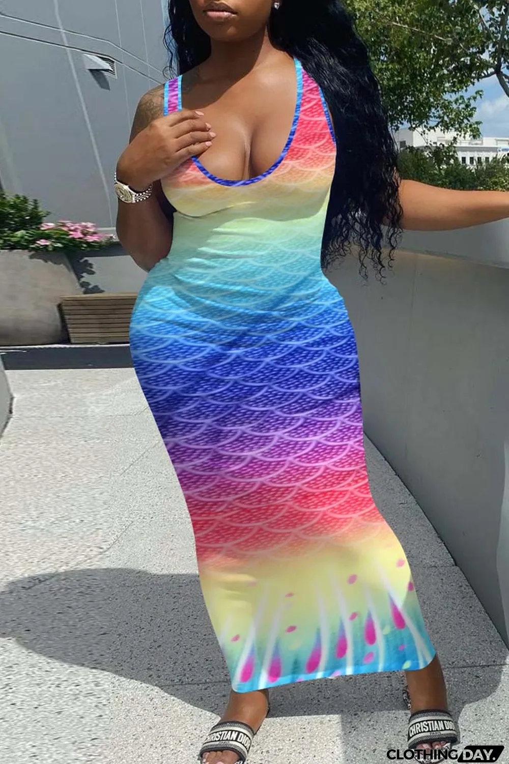 Blue Fashion Sexy Gradual Change Print Basic U Neck Vest Dress