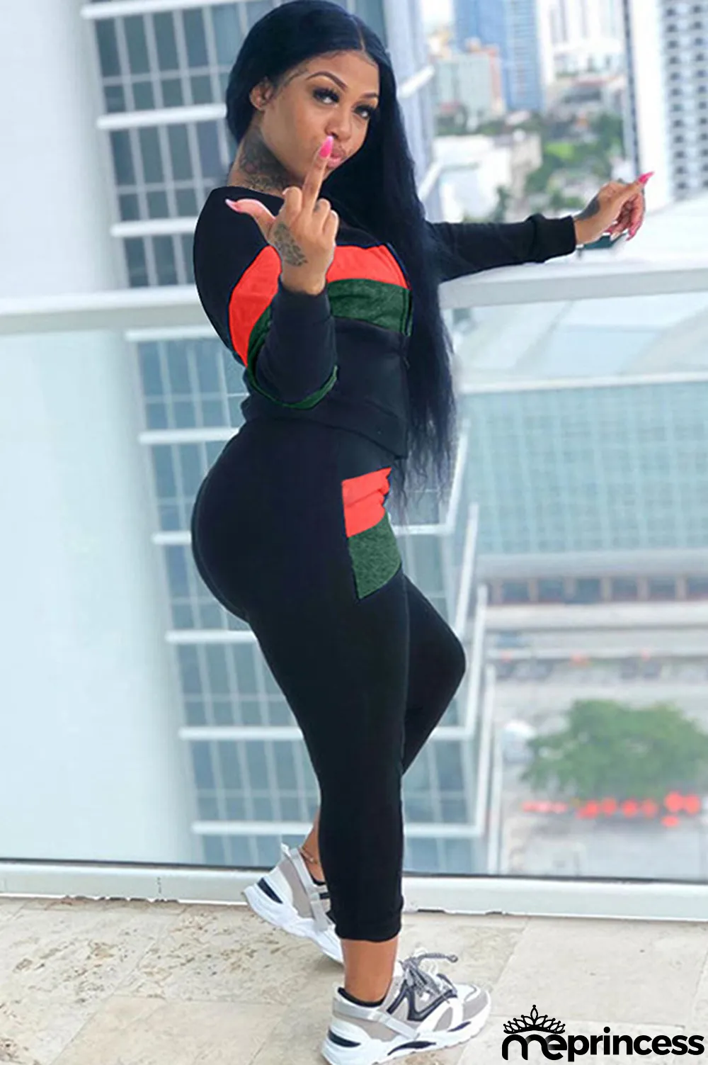 Blue Polyester Casual Two Piece Suits Patchwork Striped Straight Long Sleeve Two-piece Pants Set