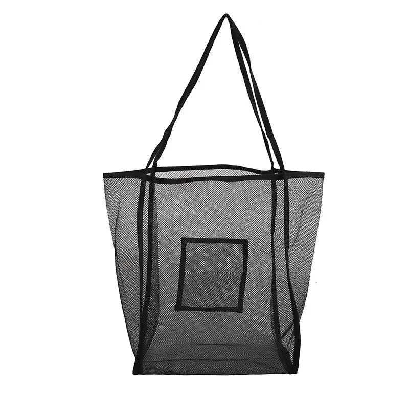 PURDORED 1 Pc Large Mesh Shopping Bag Reusable Transparent Fashion One Shoulder Beach Bag Mesh Hollow Shopping Bag Organizer