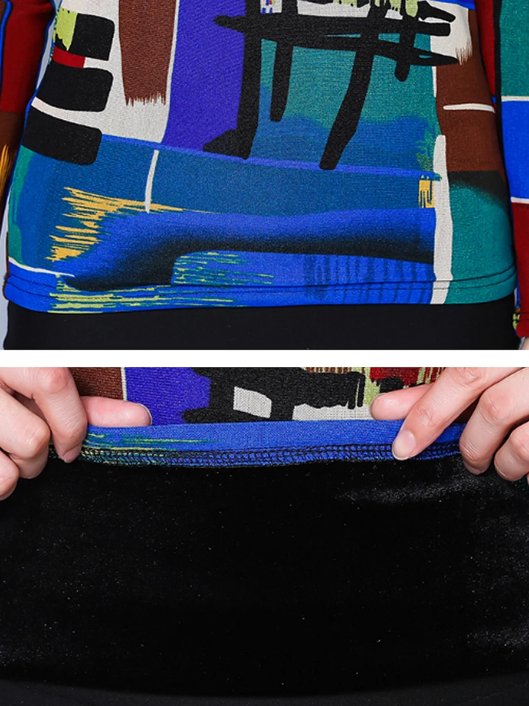 Turtle Neck Printed Color-block T-Shirt