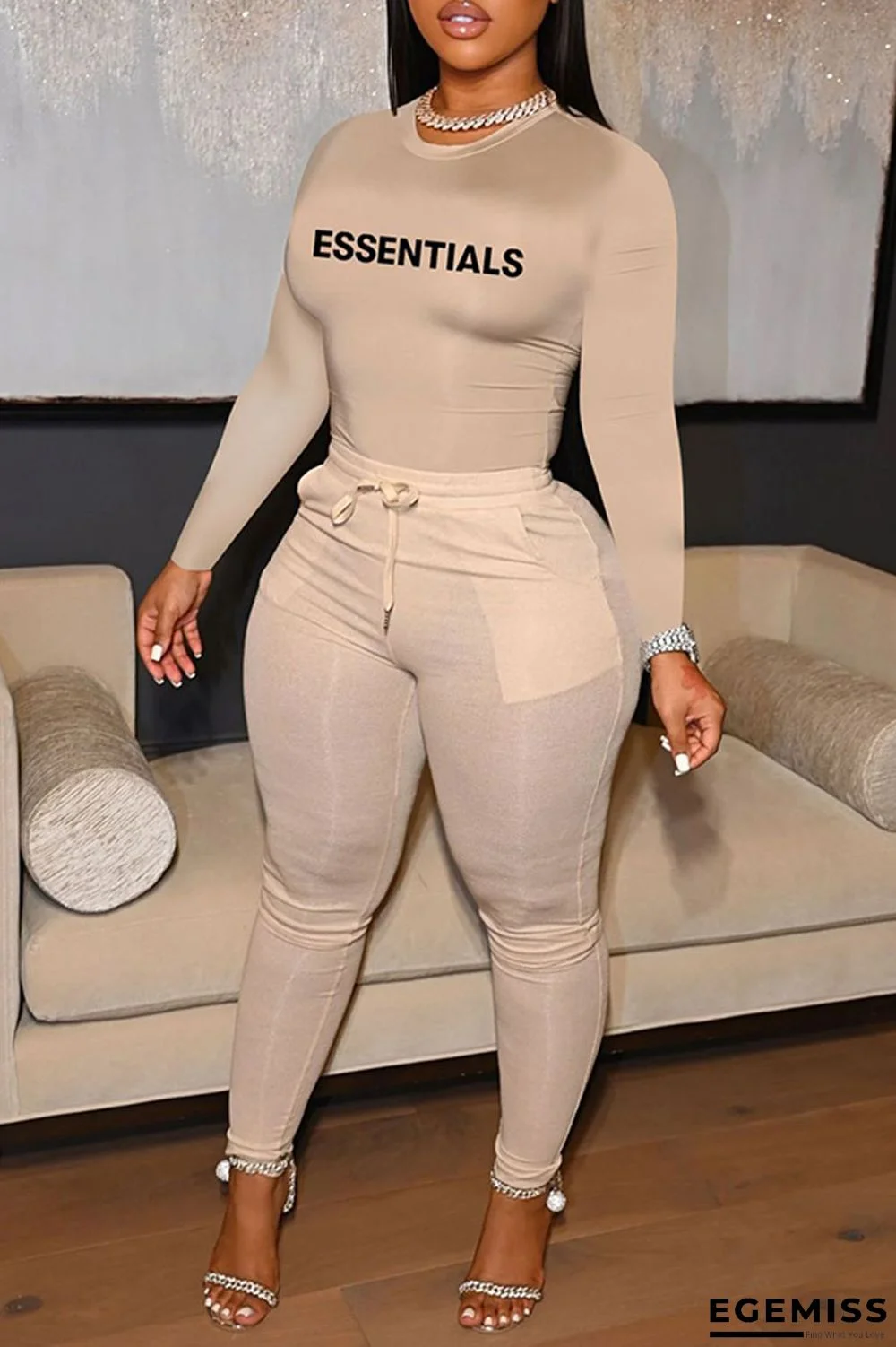 Khaki Casual Letter Print Basic O Neck Long Sleeve Two Pieces | EGEMISS