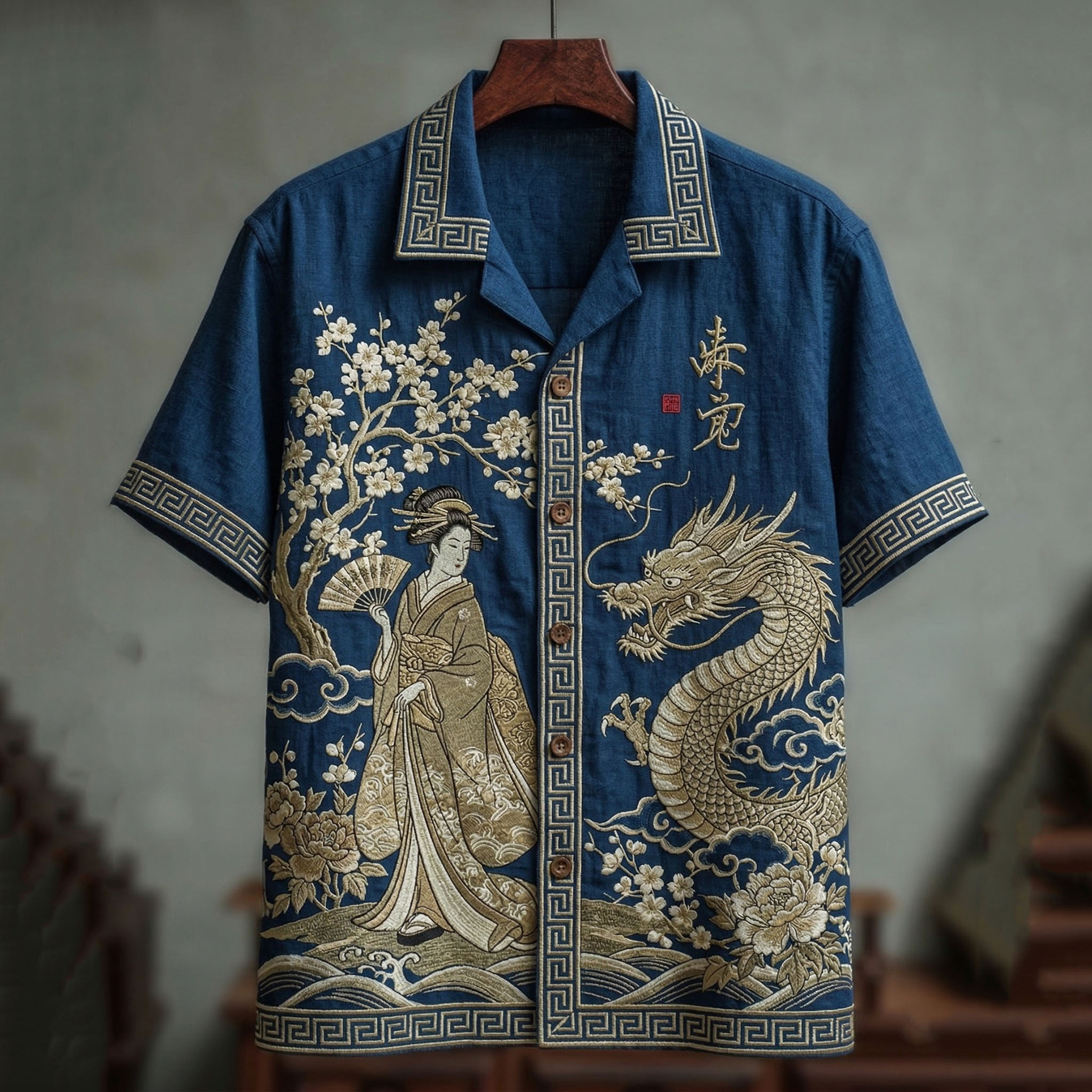 Comstylish Men's Vintage Elegant Japanese Geisha And Dragon Art Printed Short-sleeve Shirt