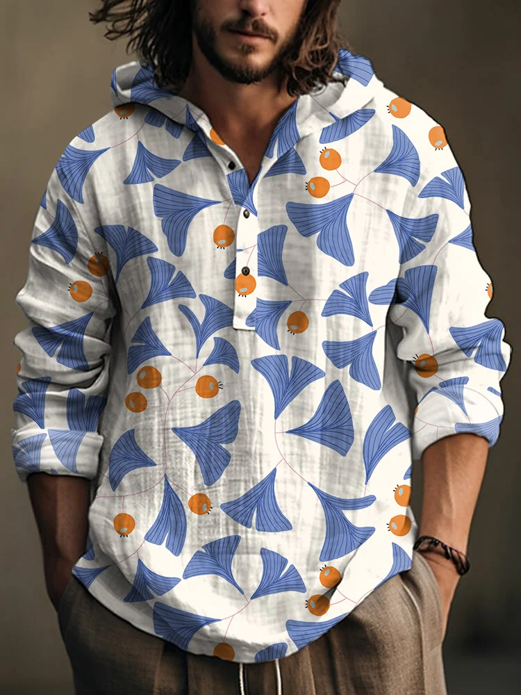 Men's Japanese Ginkgo Leaf Printed Linen Hooded Long Sleeve Shirt