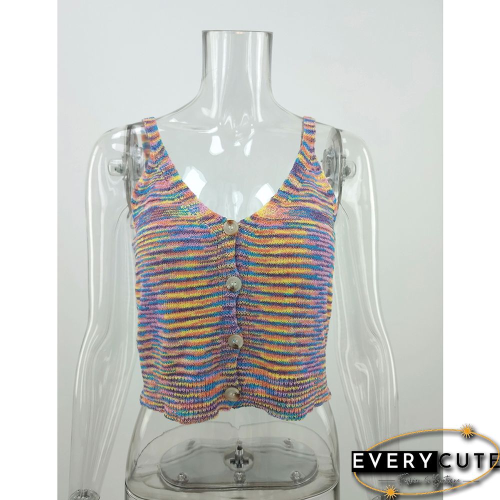 Multicolor Stripe Button Purple Vest