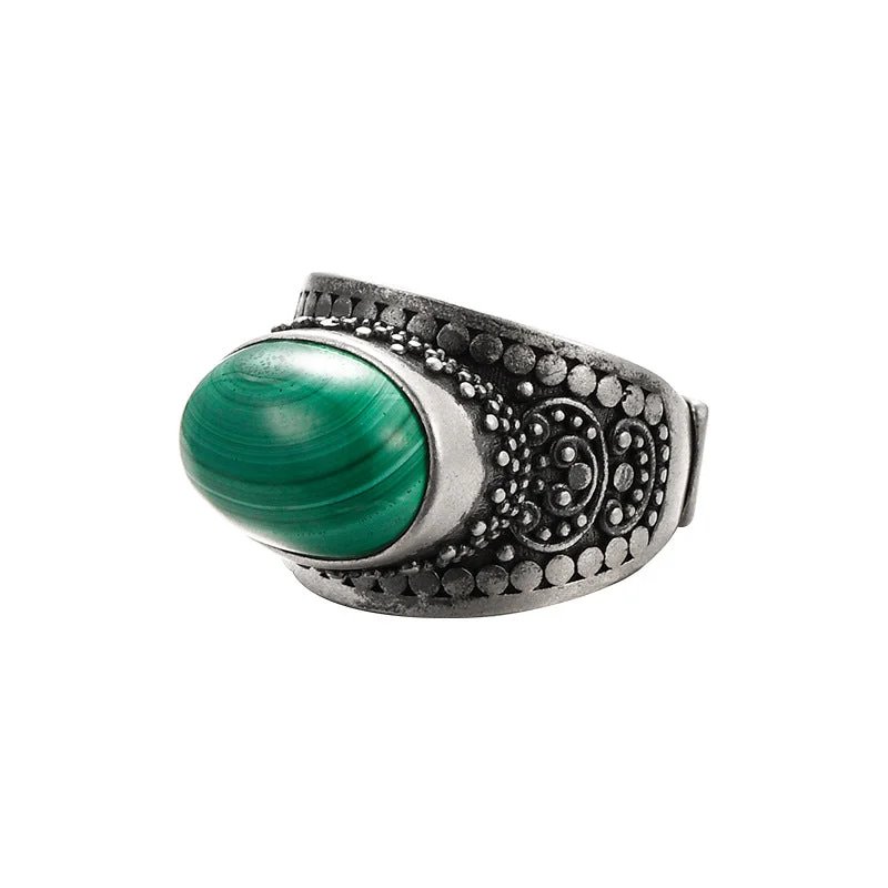 S925 Silver Malachite White Jade Vintage Adjustable Ring