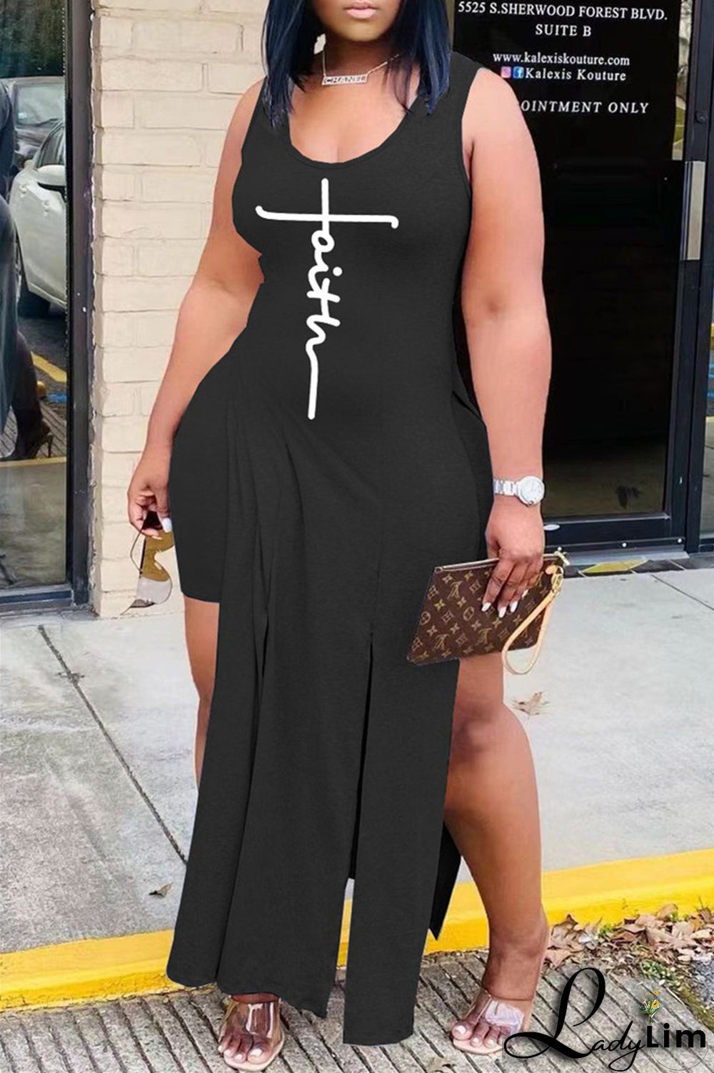 Grey Fashion Sexy Print Slit Vests U Neck Sleeveless Two Pieces