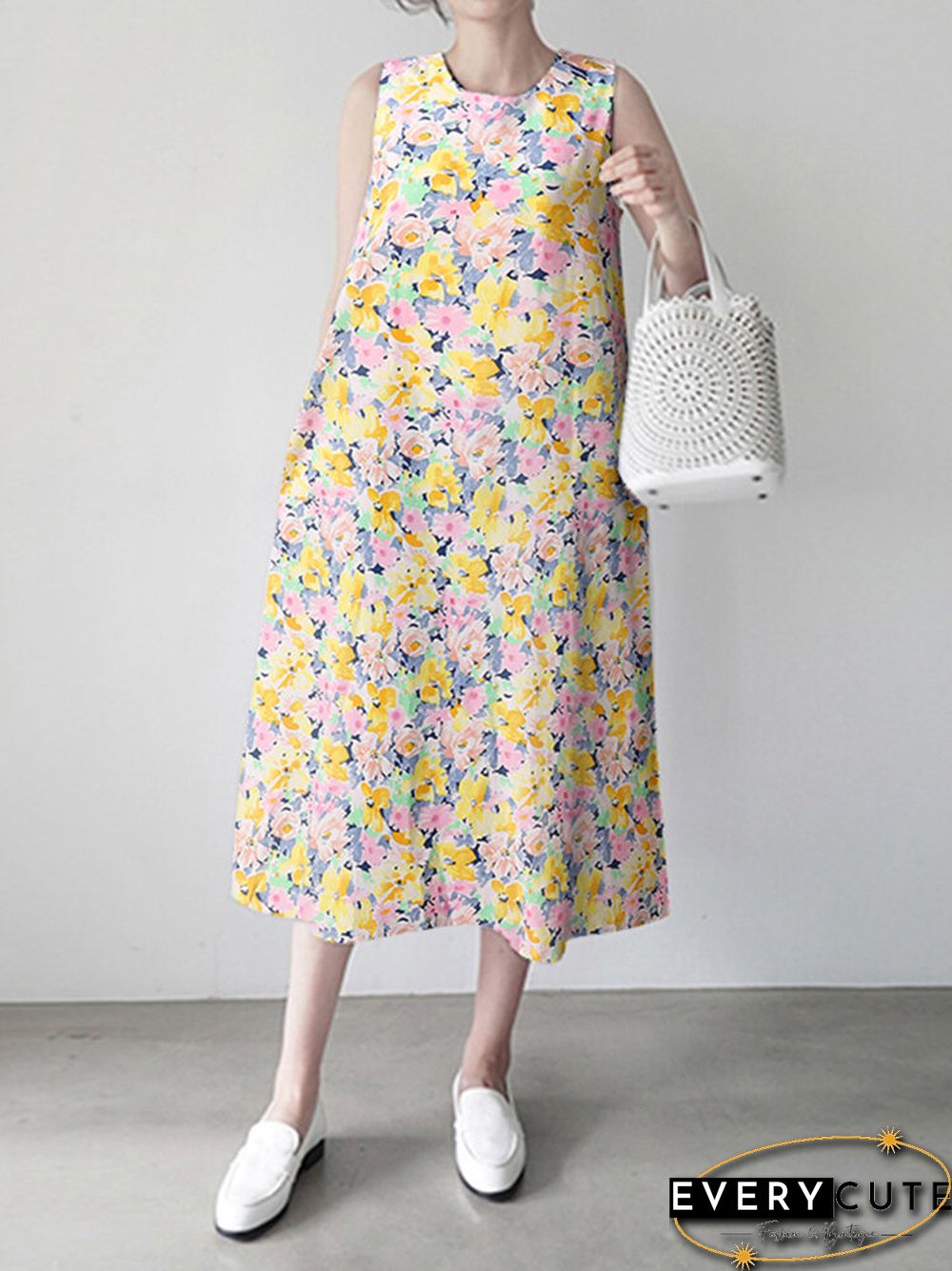 Calico Sleeveless Round Neck Print Dress