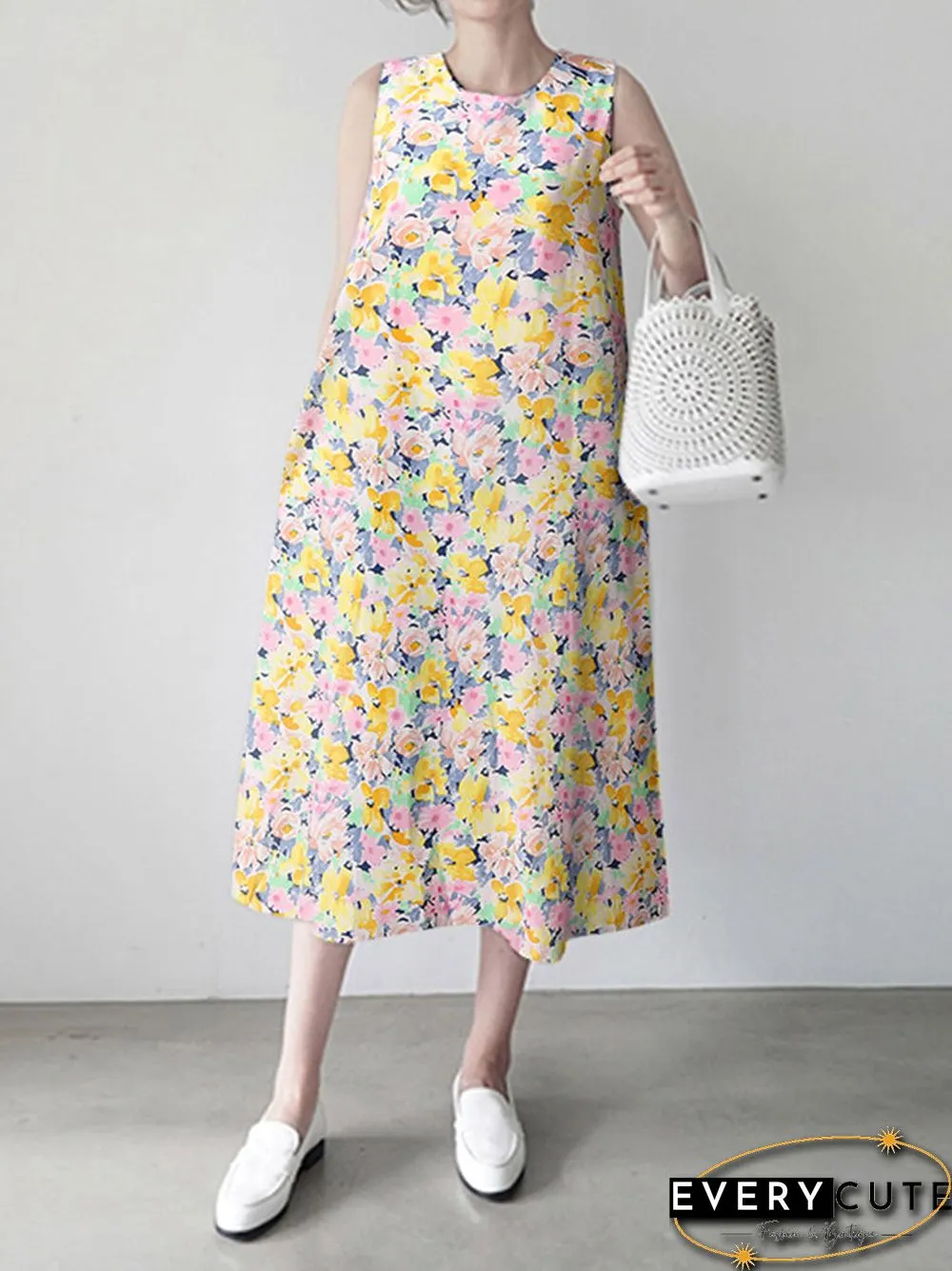 Calico Sleeveless Round Neck Print Dress