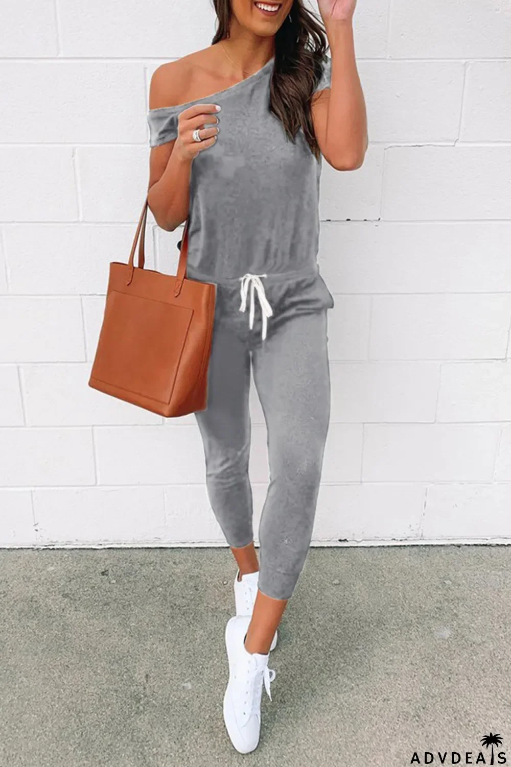 Casual Solid Draw String One Shoulder Skinny Jumpsuits(4 Colors)