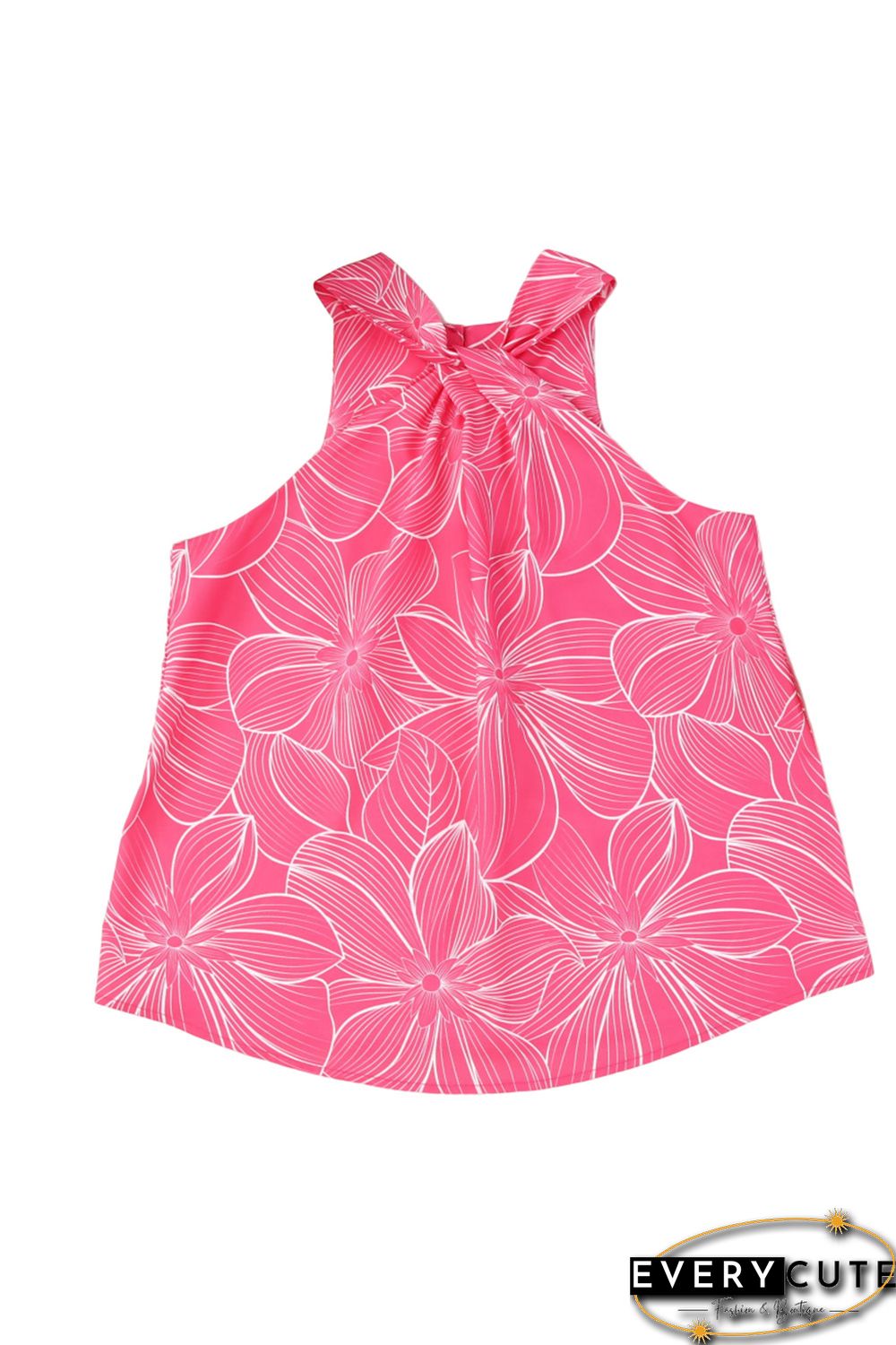 Pink Blooming Floral Printed Twisted Neck Tank Top
