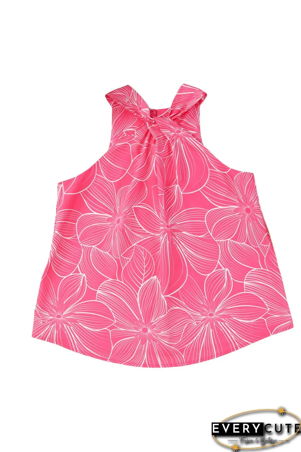 Pink Blooming Floral Printed Twisted Neck Tank Top