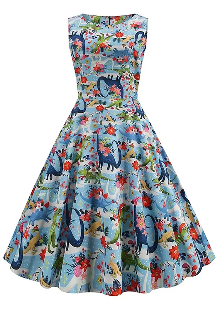 1950s Light Blue Retro Round Neck Sleeveless All Over Print A Line Swing Midi Dresses