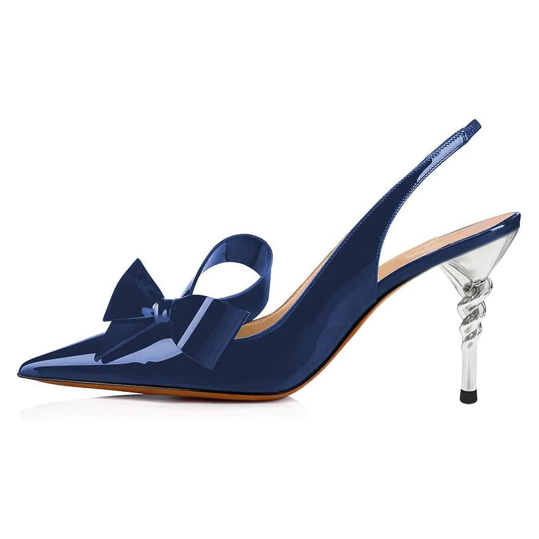 Navy Patent Leather Decorative Heel Bow Slingback Pumps Shoes