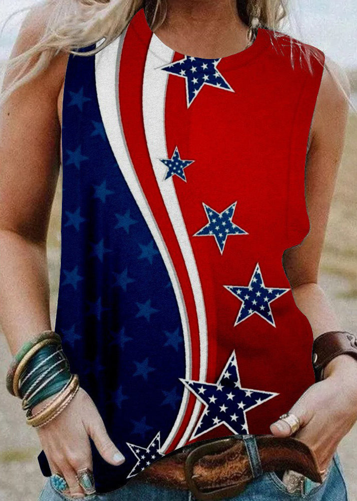 VCSHOES Colorblock Independence Day Theme Print Cotton Beach Top Summer