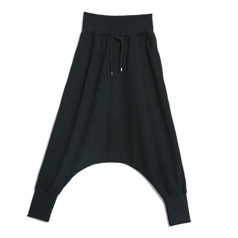 UForever21 2022 Spring New Fashion Black Solid Drawstring Pockets Causal Loose Big Size Women High Waist Harem Pants RA224