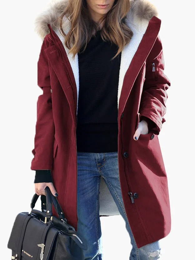 Women's Coats Fur Collar Zip Pocket Hooded Coat