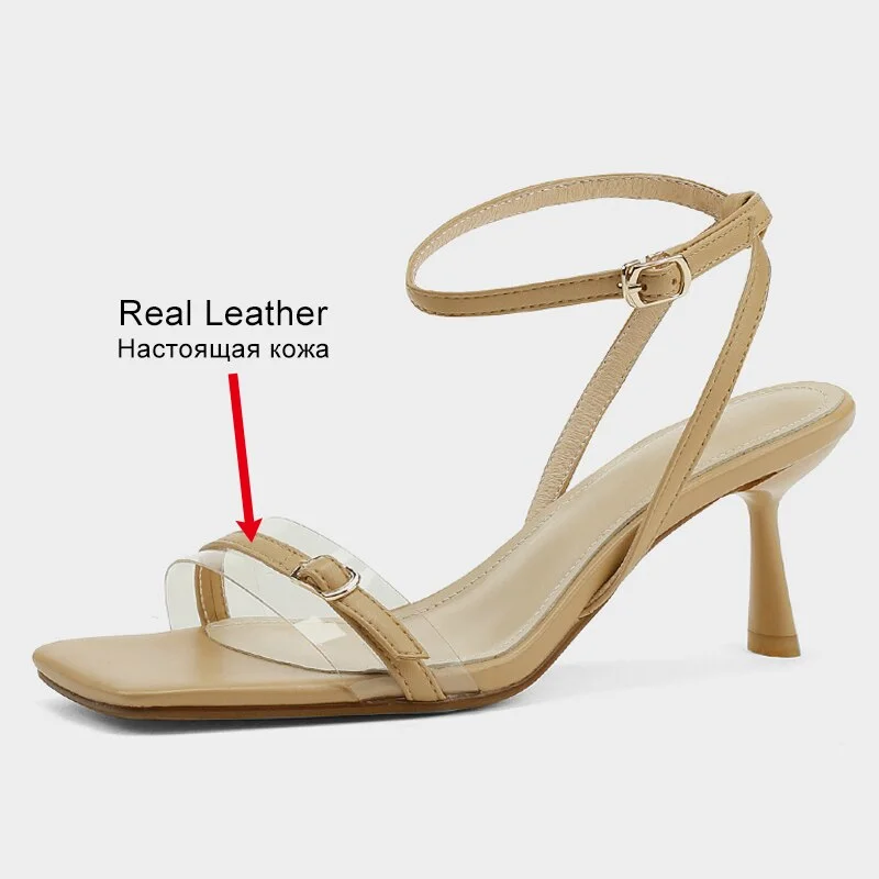 qengg Size 34-39 Women Sandals Genuine Leather High Heels Shoes For Women Summer Ankle Strap Buckle Sexy Stiletto Sandalias