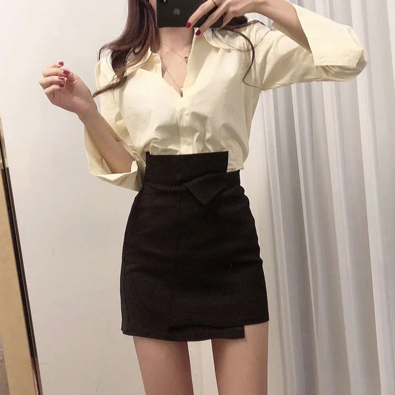 Casual Women's White Irregular A-line Hip Skirt High Waist Slim Solid Short Above Knee Mini Skirt Trendy Sweet Preppy Style XL