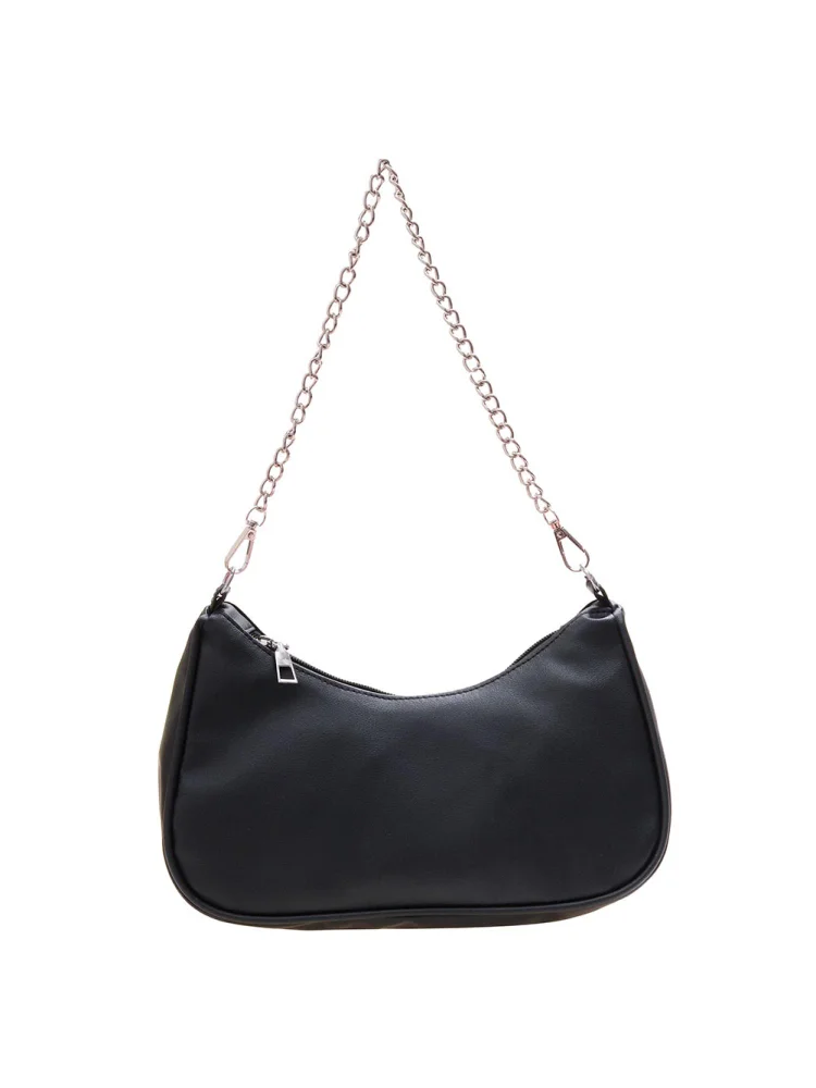Fashion Women PU Solid Color Underarm Shoulder Bag Chain Handbag (Black)