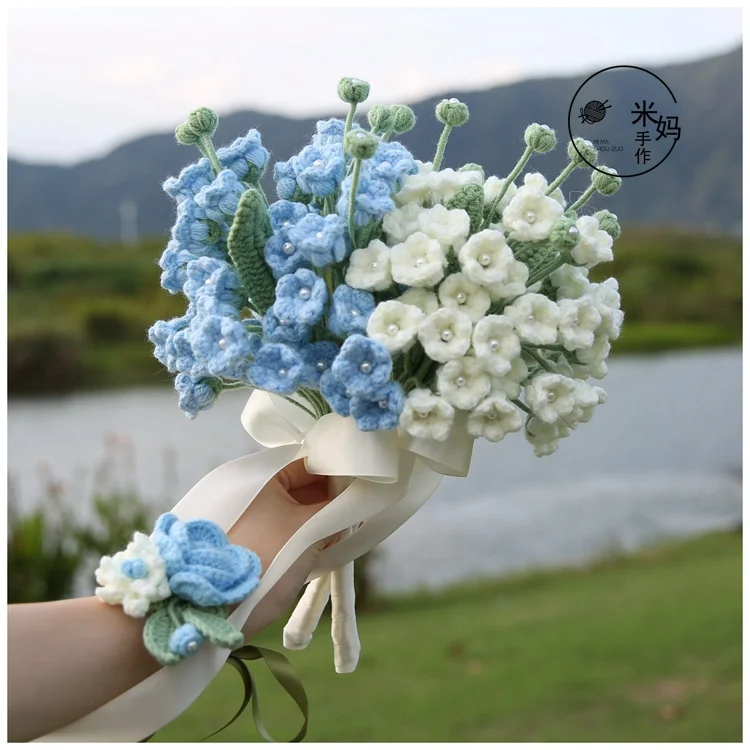 Lulusnow Handmade White Blue Pearl Lily Of The Valley Flower Bell Orchid Crochet Flower Bouquet Wedding/Forever Loving Girlfriend/Wife/Bride Gift