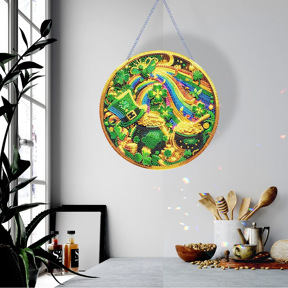 DIY St Patrick Lucky Clover Acrylic Wreath Diamond Painting Hanging Pendant Wall Decor