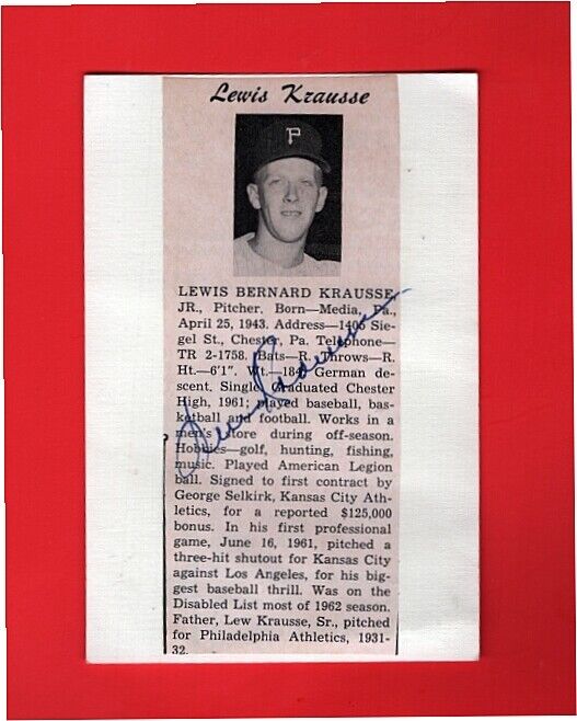 1963 LEW KRAUSSE-PORTLAND BEAVERS 3.5 X 5.5 AUTOGRAPH W/Photo Poster painting/BIO-d.2021