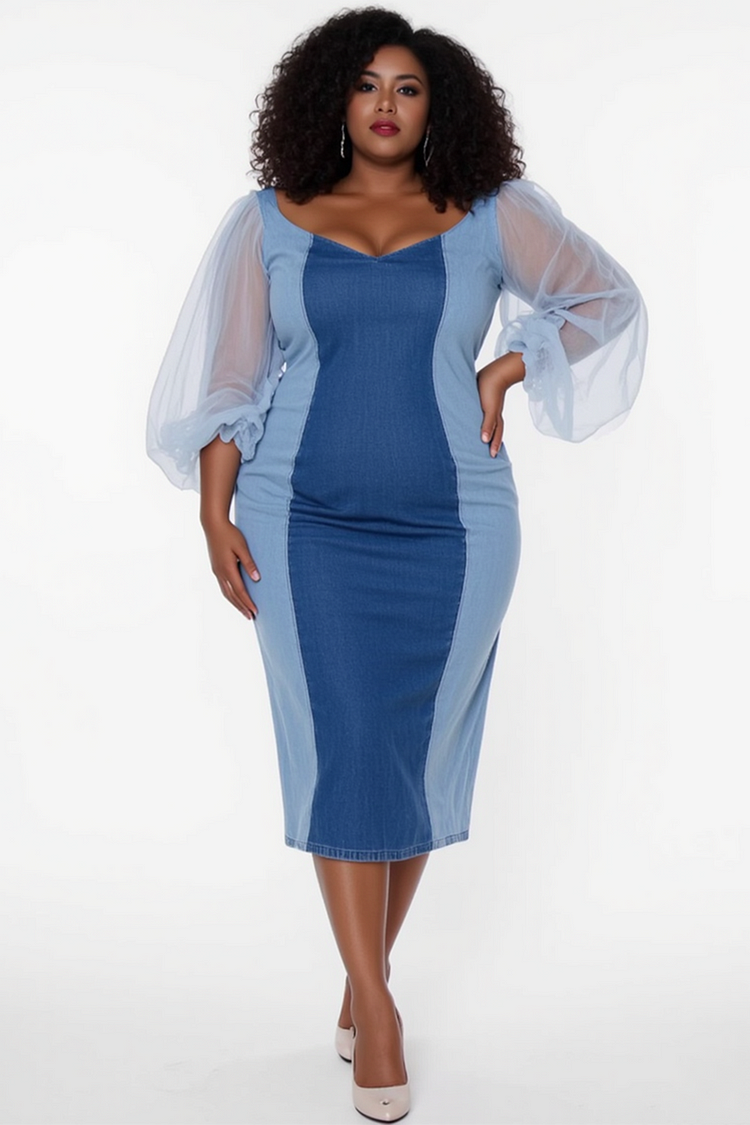 Xpluswear Design Plus Size Business Casual Blue Colorblock Round Neck Puff Sleeve Long Sleeve Contrast Tencel Denim Midi Dresses [Pre-Order] 2024 - Xpluswear