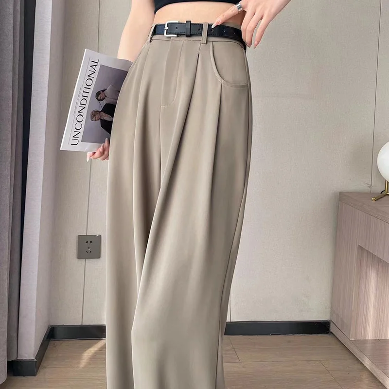 Woherb Rice White Wide Leg Pants Female Spring And Summer New Versatile Design Vertical Sense Suit Pants Loose Show Thin Straight Leg Casual Pants-Outfit Ideas