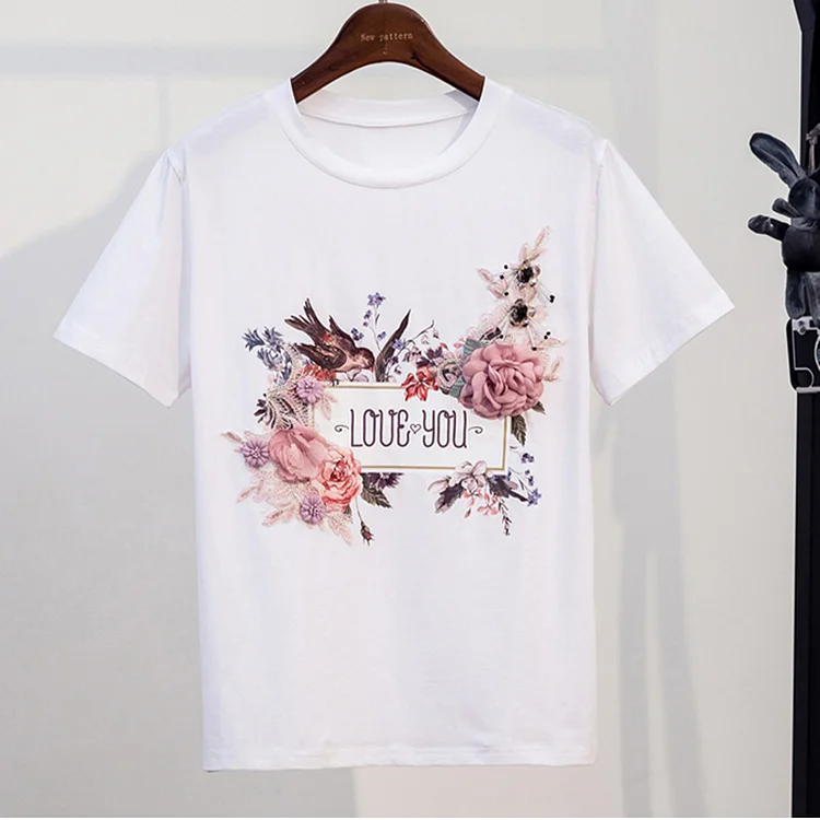 Letter Print Blossom Embroidery T-Shirt Denim Shorts Set - Modakawa Modakawa