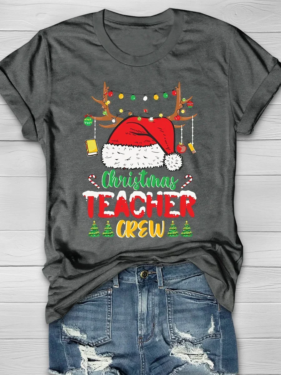Christmas Teacher Crew Print Short Sleeve T-shirt