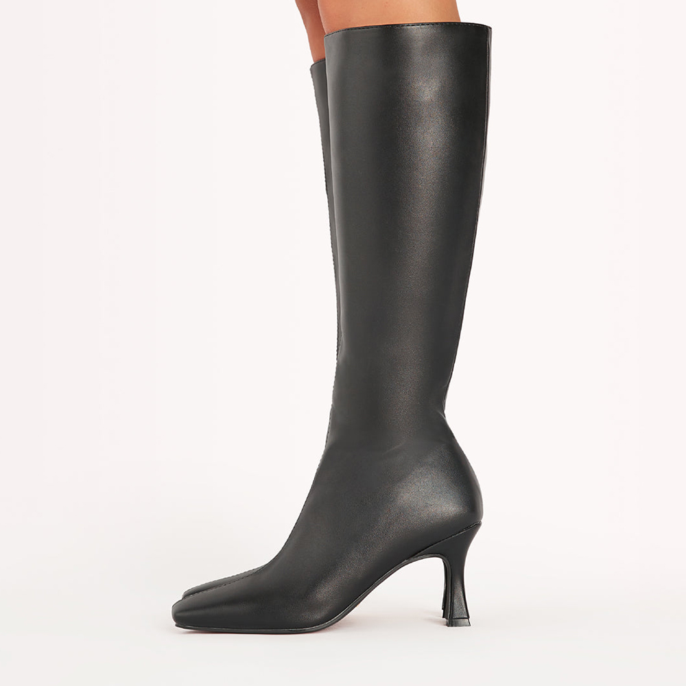 Black Closed Toe Flared Heel Knee High Winter Boots Nicepairs