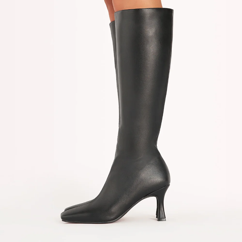 Black Closed Toe Knee High Winter Boots With Flared Heels Nicepairs