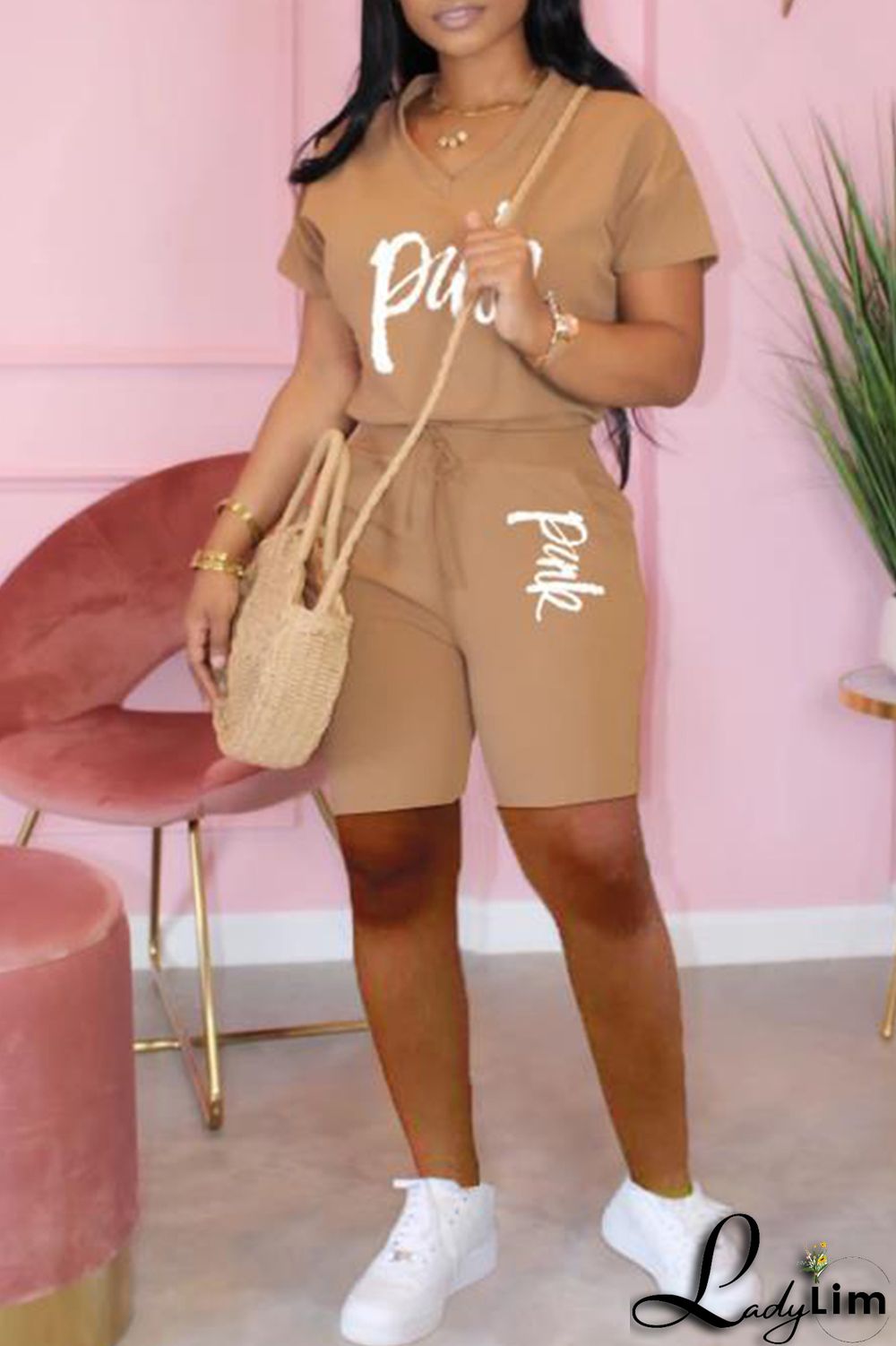 Black Fashion Casual Letter Print Basic V Neck Short Sleeve Two Pieces