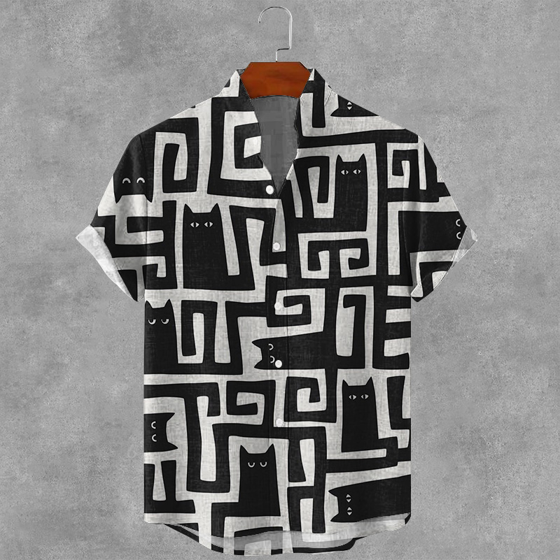 Abstract Geometric Black Cat Maze Art Print Men's Short Sleeve Button Up Shirt  artssus