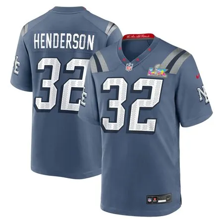 Youth New England Patriots #32 TreVeyon Henderson Blue Super Bowl LX Patch Rivalries Collection Game Jersey